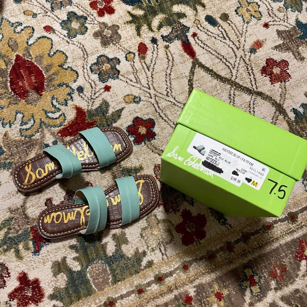 NEW IN BOX SAM EDELMAN SANDAL HAYDEE LEATHER TWO STRAP BLUE SEAFOAM 7.5 7 1/2 - Picture 2 of 2